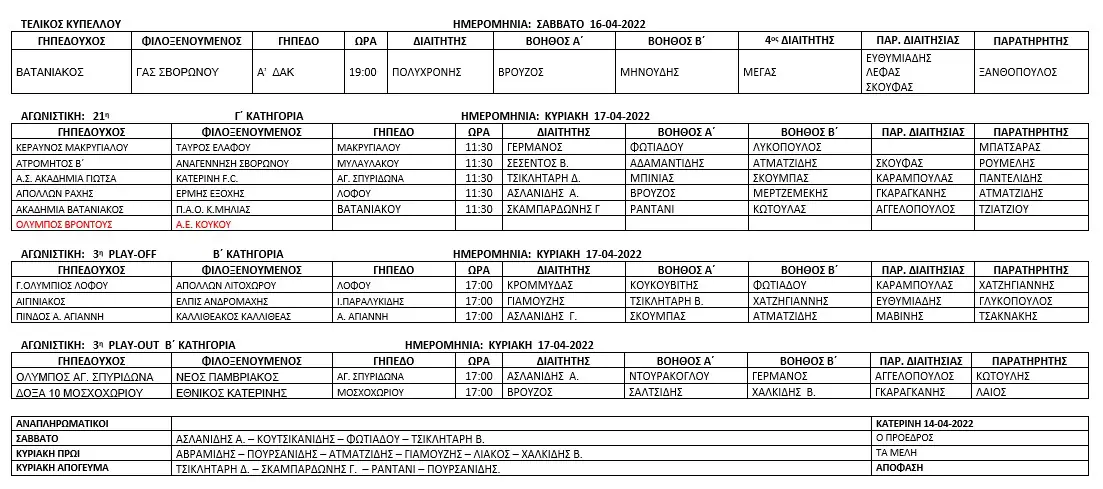 Oρισμό διαιτητών και βοηθών διαιτητού για τους αγώνες της Ε.Π.Σ. Πιερίας την 09 & 10-04-2022 ορισμό διαιτητών και βοηθών διαιτητού για τους αγώνες Πρωταθλήματος της Ε.Π.Σ. Πιερίας που θα πραγματοποιηθούν την 09 & 10 04 2022