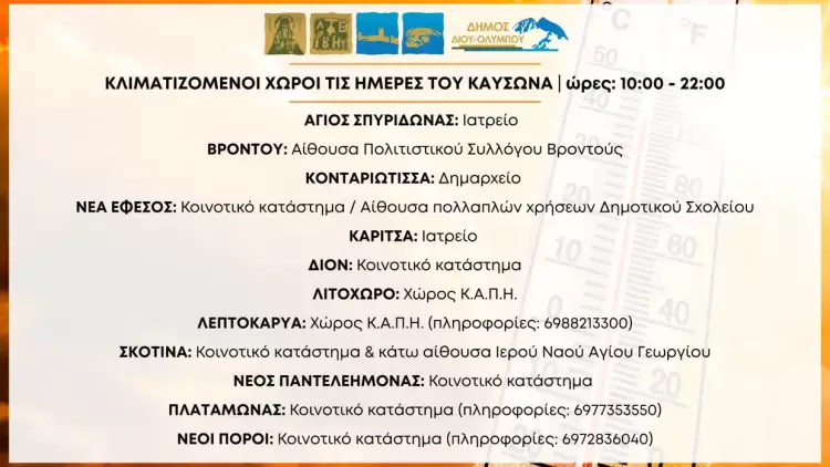 Δήμος Δίου Ολύμπου: Κλιματιζόμενοι χώροι για την προστασία των ευάλωτων πολιτών από τον καύσωνα