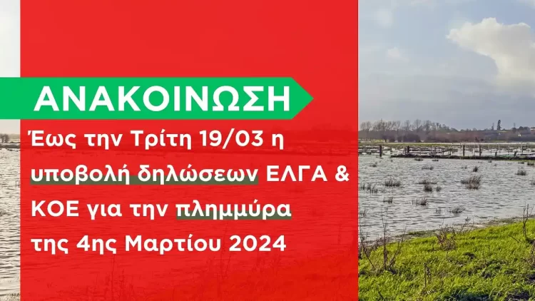 Δήμος Δίου Ολύμπου – Ανακοίνωση: Έως την Τρίτη 19/03 η υποβολή δηλώσεων ΕΛΓΑ & ΚΟΕ για την πλημμύρα της 4ης Μαρτίου 2024