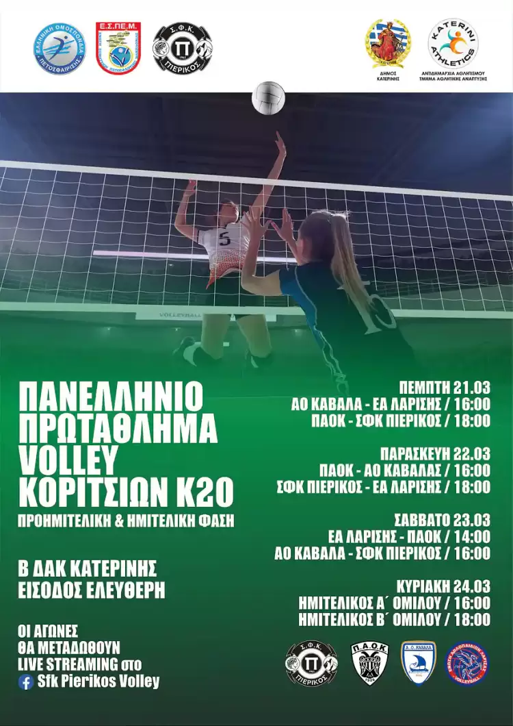 Στην Κατερίνη η Προημιτελική & Ημιτελική Φάση του Πανελλήνιου Πρωταθλήματος Volley Κ20 – Κοριτσιών