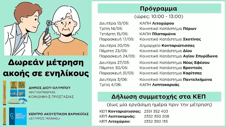 Δωρεάν μέτρηση ακοής ενηλίκων στις κοινότητες του Δήμου Δίου Ολύμπου