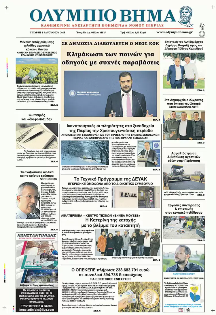 Ολύμπιο Βήμα – Πρωτοσέλιδο για την Τετάρτη, 08 Ιανουαρίου 2025