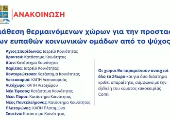 Δήμος Δίου Ολύμπου: Διάθεση θερμαινόμενων χώρων για την προστασία των ευπαθών κοινωνικών ομάδων από το ψύχος