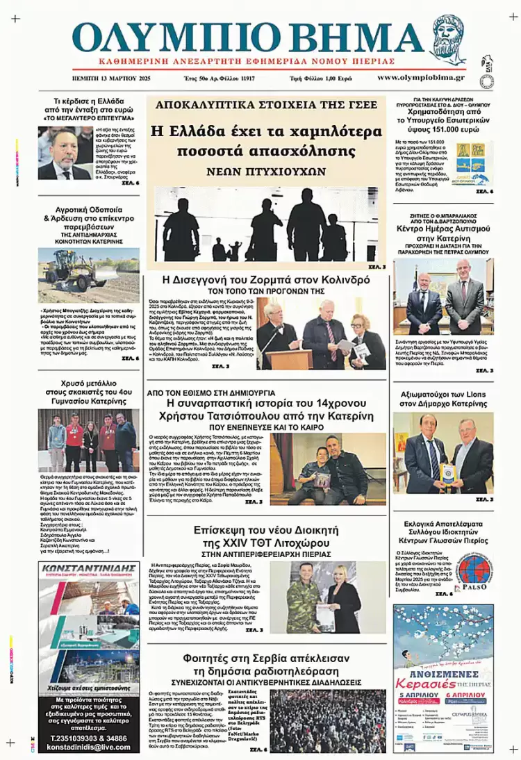 Ολύμπιο Βήμα – Πρωτοσέλιδο για την Πέμπτη, 13 Μαρτίου 2025