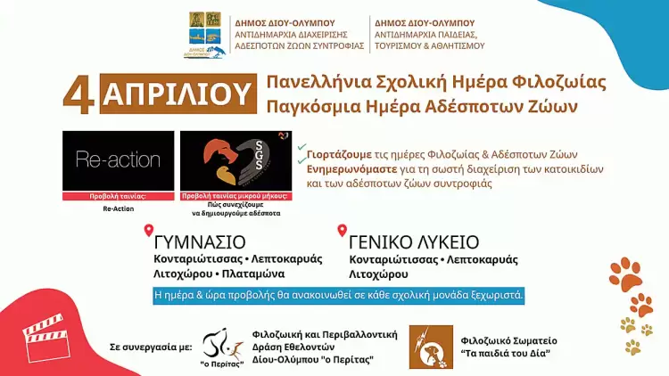 Προβολή ταινιών για τη διαχείριση αδέσποτων ζώων στα γυμνάσια και λύκεια του Δήμου Δίου Ολύμπου