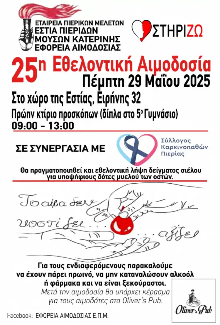 25η εθελοντική αιμοδοσία από την Εστία Πιερίδων Μουσών και τον σύλλογο «Στηρίζω»