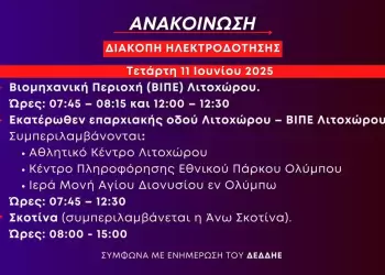  Προγραμματισμένες διακοπές ηλεκτροδότησης την Τετάρτη 11 Ιουνίου στη Βιομηχανική Περιοχή Λιτοχώρου και στην Κοινότητα Σκοτίνας